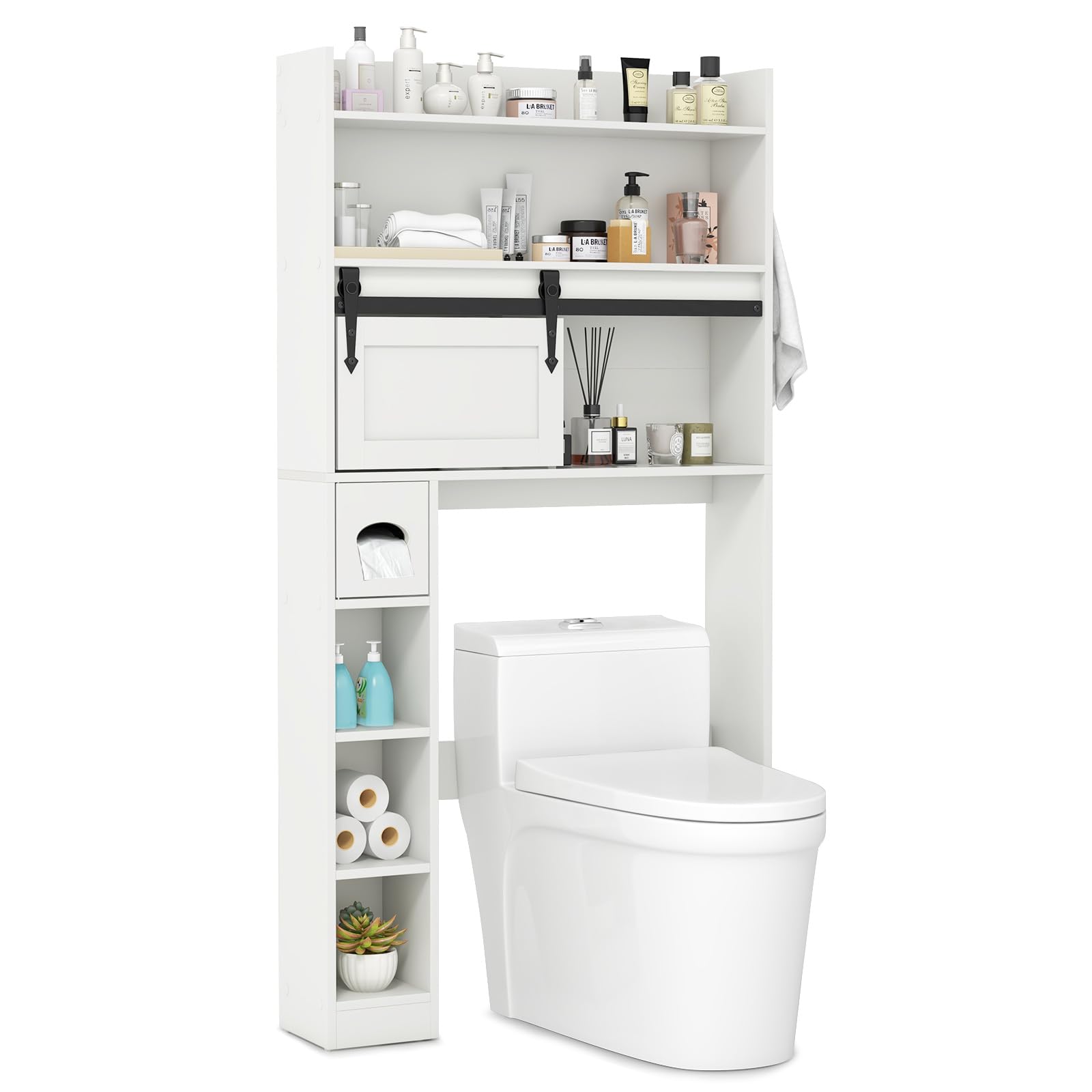 Tangkula Over The Toilet Storage Cabinet, Farmhouse Freestanding Above Toilet Rack w/Sliding Barn Door